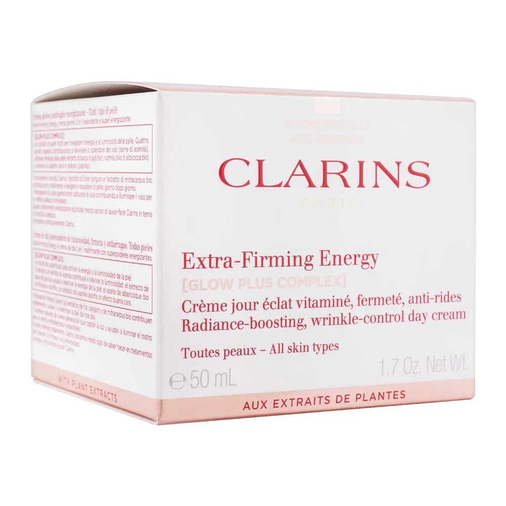 Side view of clarins paris extra-firming energy radiance boosting wrinkle-control day cream, 50ml