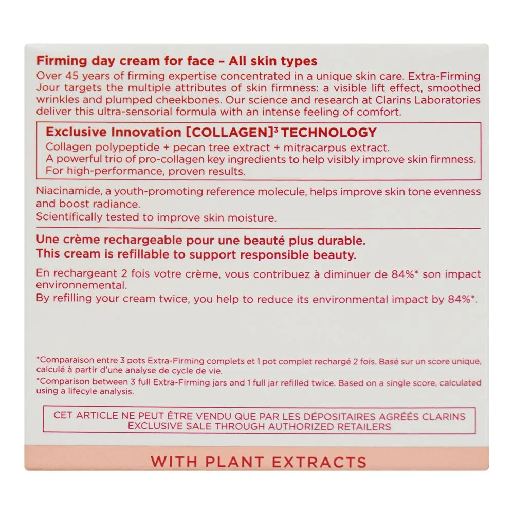 Side view of clarins paris extra-firming jour lift effect, wrinkle-smoothing day cream, for all types of skin, 50ml