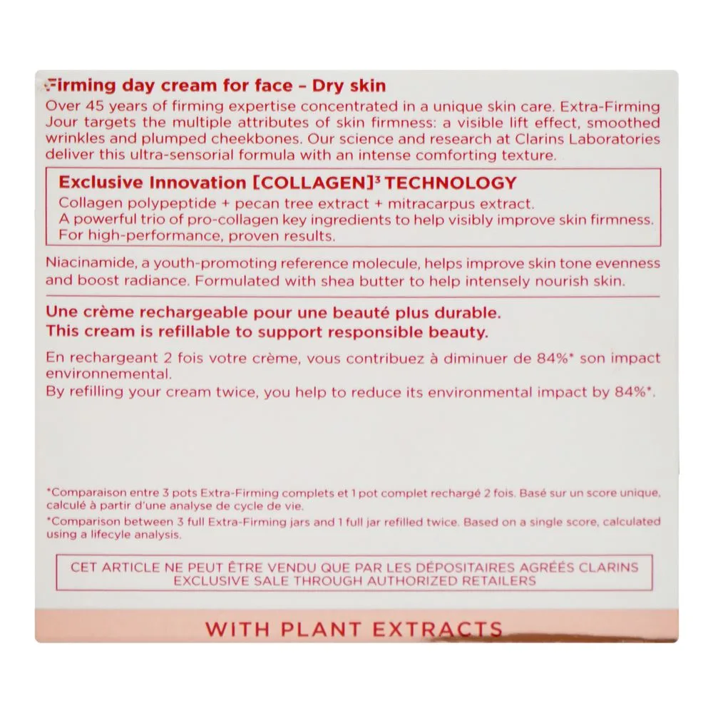 Side view of clarins paris extra-firming jour lift effect, wrinkle-smoothing day cream, for dry skin, 50ml