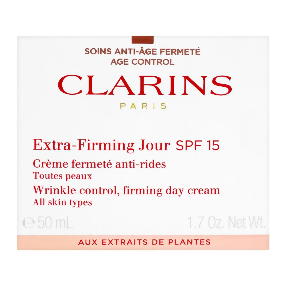 Side view of clarins paris extra-firming jour spf115 wrinkle, day cream, control all skin type, 50ml