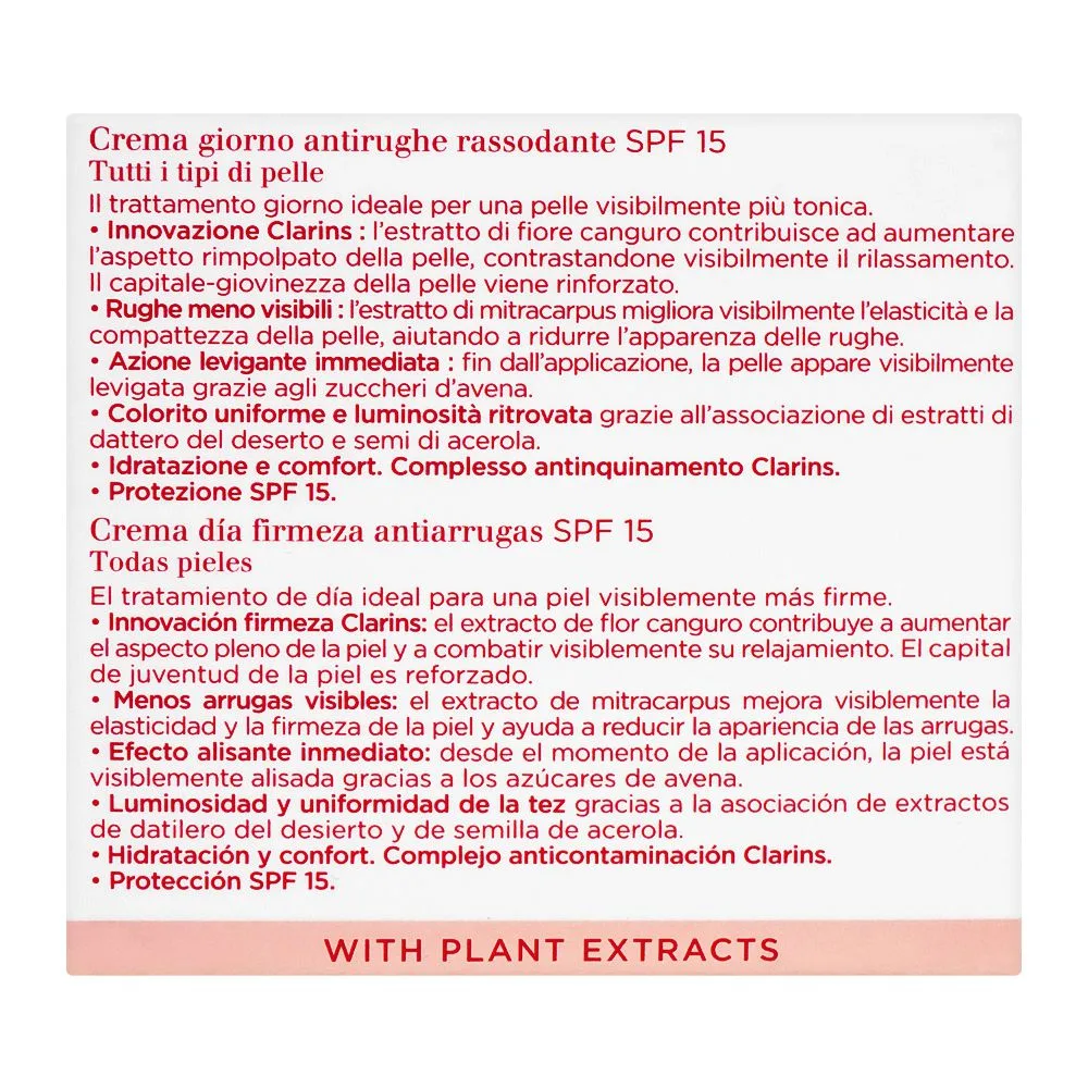 Close-up design of clarins paris extra-firming jour spf115 wrinkle, day cream, control all skin type, 50ml