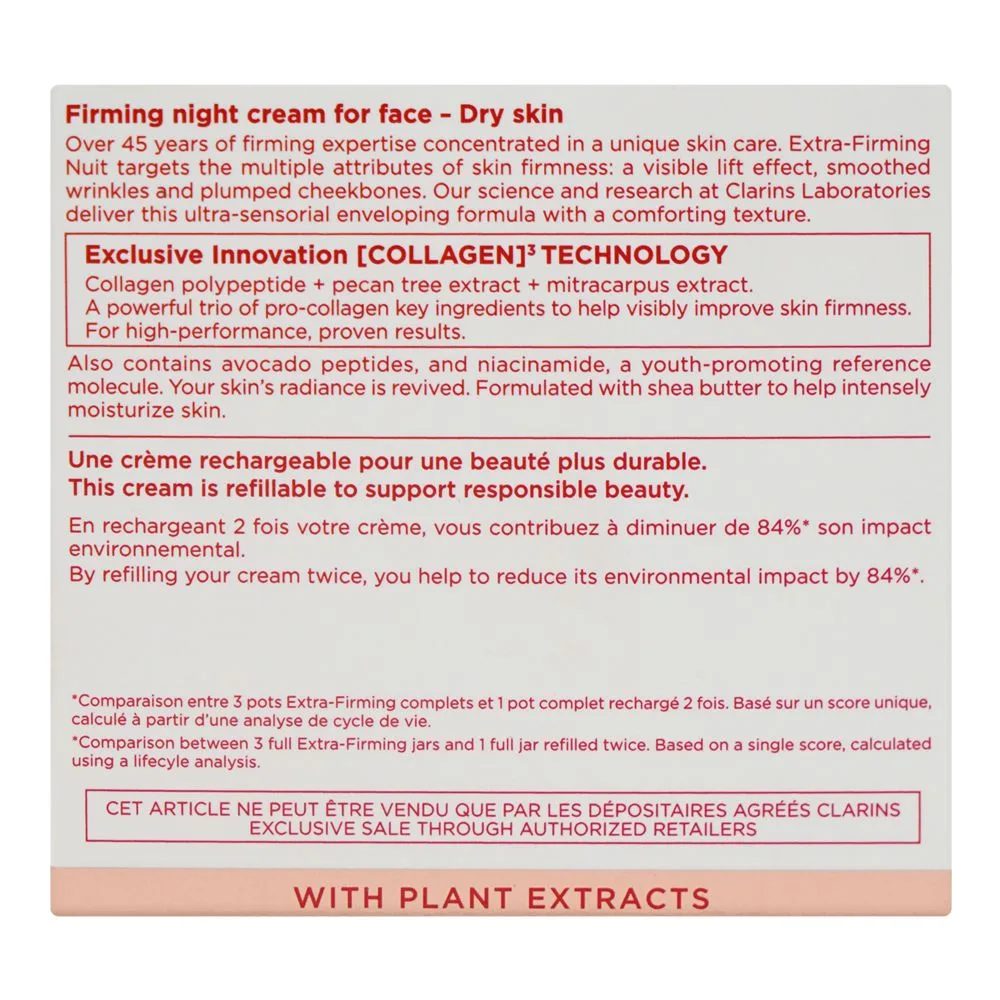 Side view of clarins paris extra-firming nuit wrinkle-smoothing, revitalizing night cream, for dry skin, 50ml