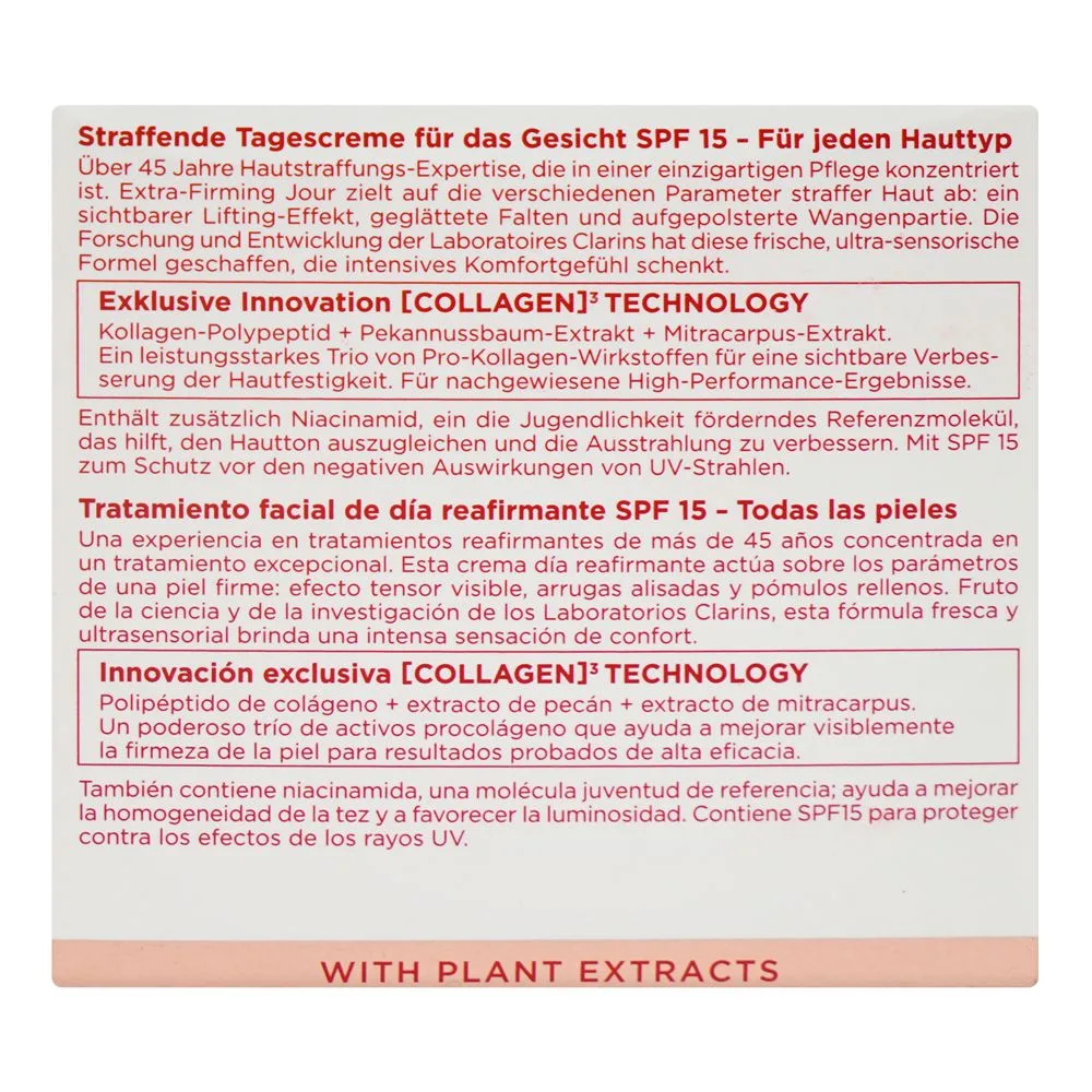 Side view of clarins paris extra-firming spf15 lift effect, wrinkle-smoothing day cream, all type of skin, 50ml