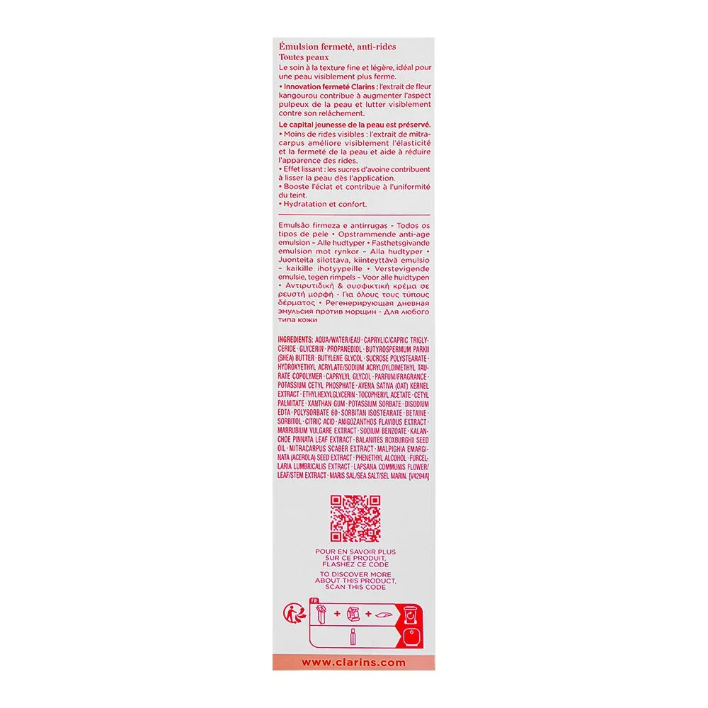 Side view of clarins paris extra firming wrinkle control firming emulsion, for all skin types, 75ml