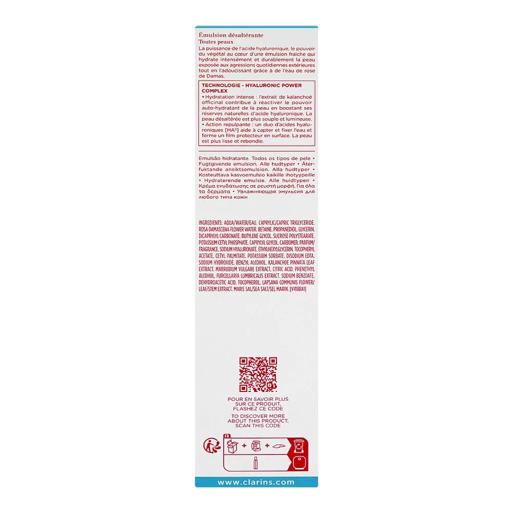 Side view of clarins paris hydra-essentiel ha2 moisturizer and quenches emulsion, glycerin, citric acid, for all types of skin, 75ml