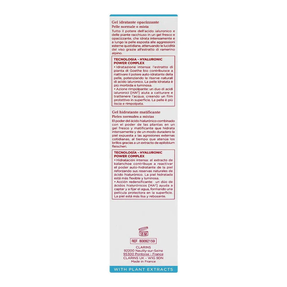 Side view of clarins paris hydra-essentiel ha2 moisturizer and quenches matte gel, citric acid, for normal to combination skin, 75ml