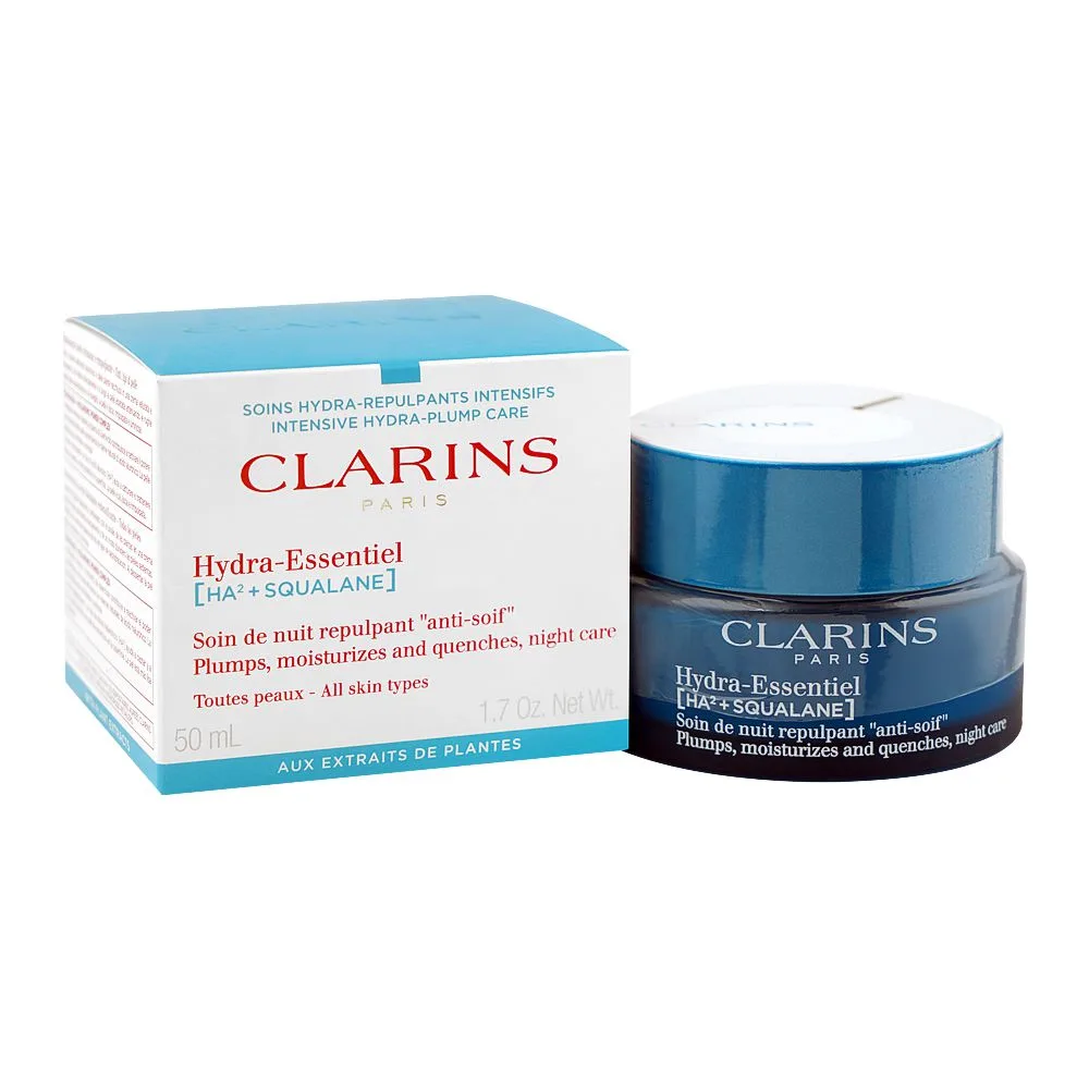 Clarins Paris Hydra-Essentiel HA2+Squalane Plump, Moisturizer And Quenches Night Care Cream, Glycerin, Citric Acid, For All Types Of Skin, 50ml