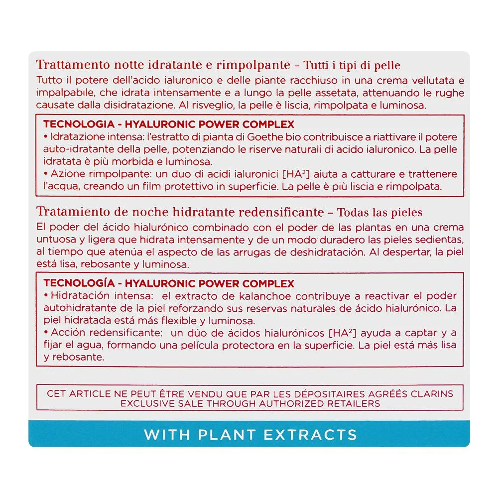 Side view of clarins paris hydra-essentiel ha2+squalane plump, moisturizer and quenches night care cream, glycerin, citric acid, for all types of skin, 50ml