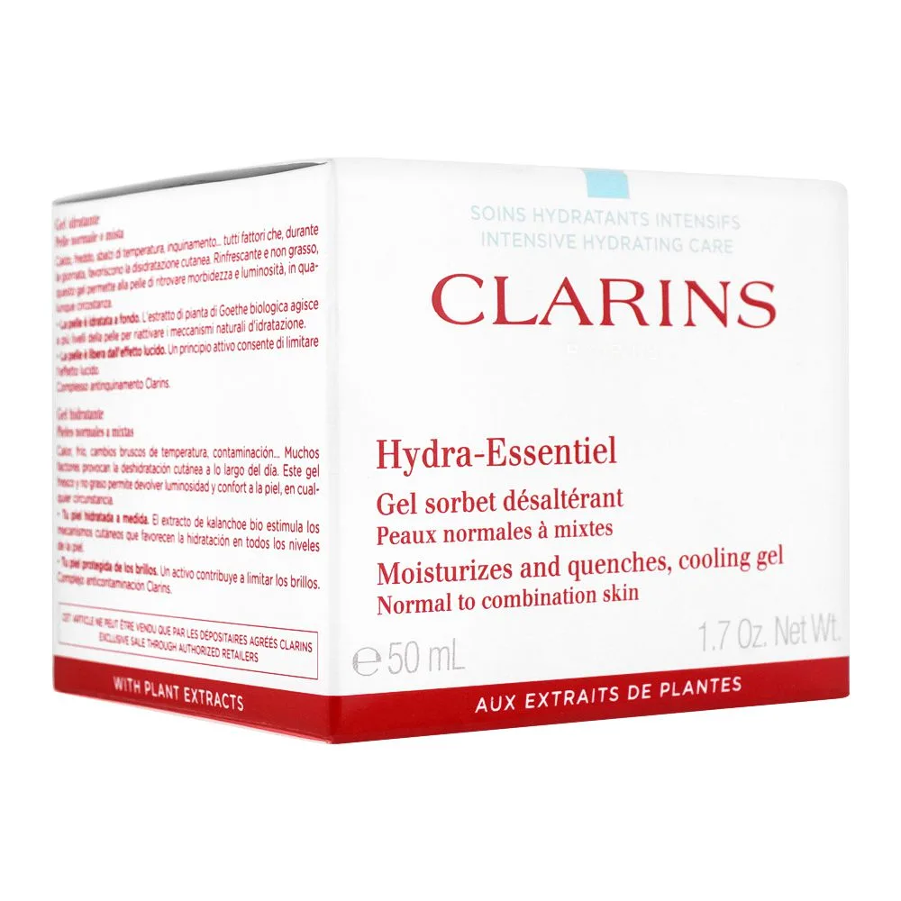 Side view of clarins paris hydra-essentiel moisturizes and quenches cooling gel normal to combination skin, 50ml