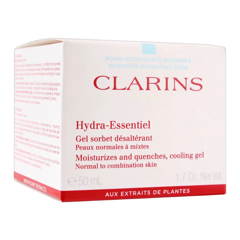 Side view of clarins paris hydra-essentiel normal to combination skin cooling gel, 50ml