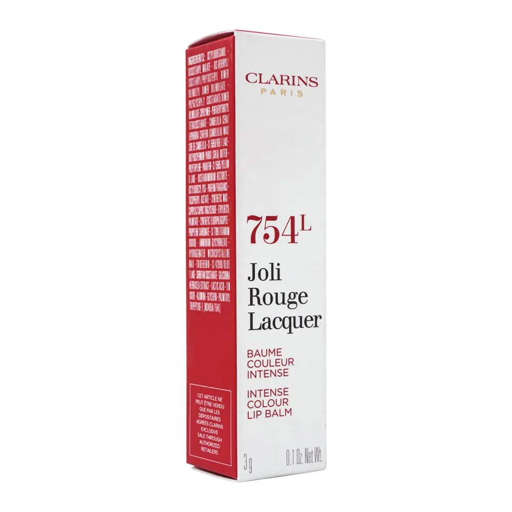 Side view of clarins paris joli rouge lacquer intense colour lip balm, 754l deep red