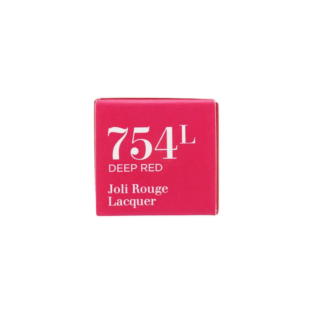 Close-up design of clarins paris joli rouge lacquer intense colour lip balm, 754l deep red