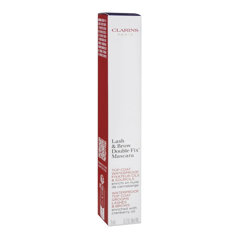Side view of clarins paris lash & brow double fix mascara, waterproof, enriched with cranberry oil