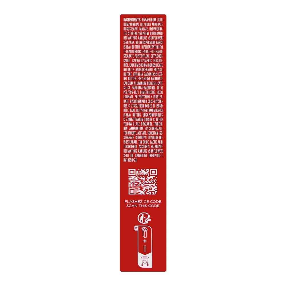 Side view of clarins paris lip perfector balm with shea butter, 23 pomegranate glow, 12ml
