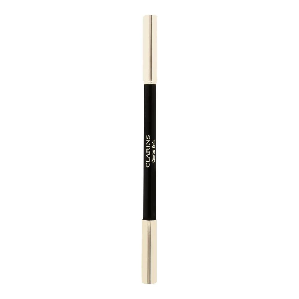 Side view of clarins paris long lasting khol eye pencil with brush & sharpener, 01 carbon black
