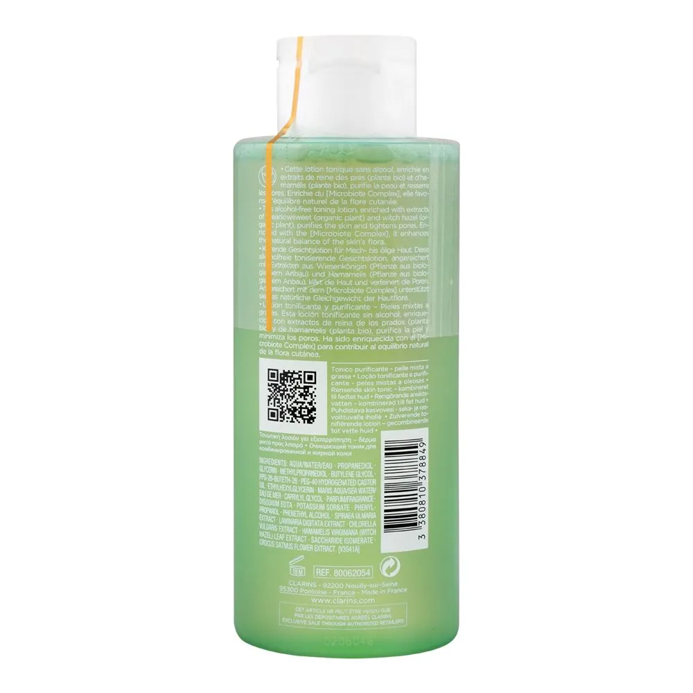 Side view of clarins paris meadowsweet & saffron flower purifying toning lotion combination to oily skin, combination to oily skin, 400ml