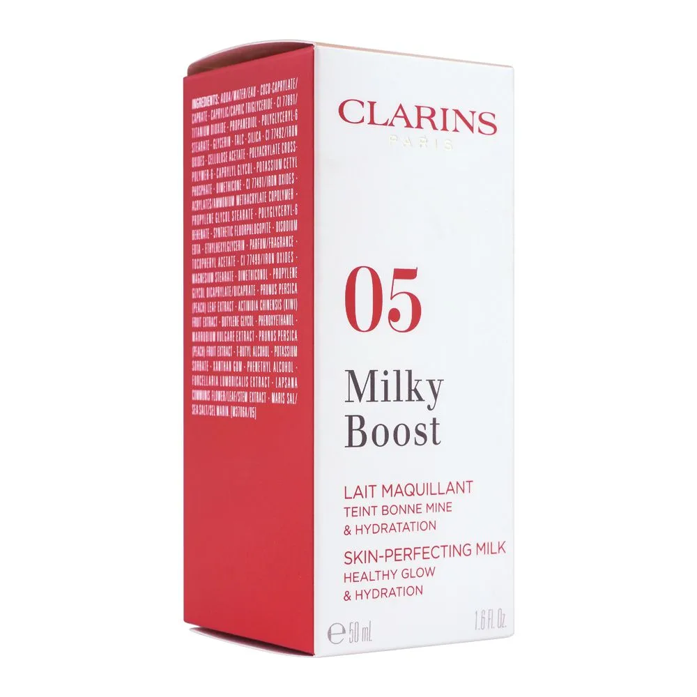 Side view of clarins paris milky boost skin perfecting milk, 05 milky sandalwood