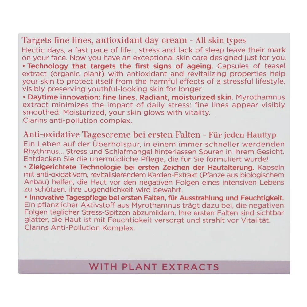 Side view of clarins paris multi-active jour anti oxidant day cream, for all skin types, 50ml