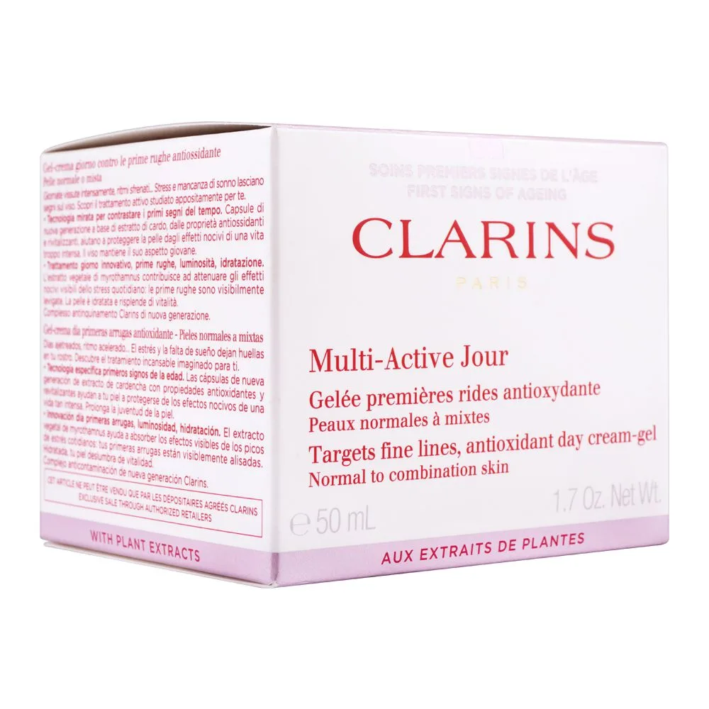 Side view of clarins paris multi-active jour anti oxidant day cream gel, normal to combination skin, 50ml