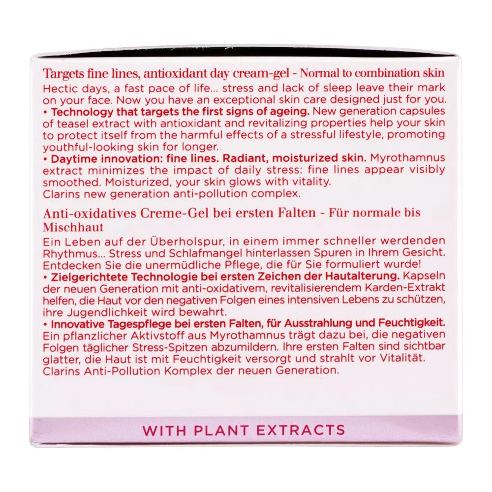 Close-up design of clarins paris multi-active jour anti oxidant day cream gel, normal to combination skin, 50ml