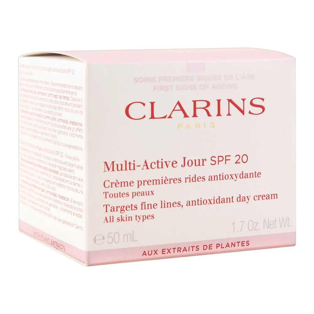 Side view of clarins paris multi-active jour spf 20 anti oxidant day cream, all skin types, 50ml