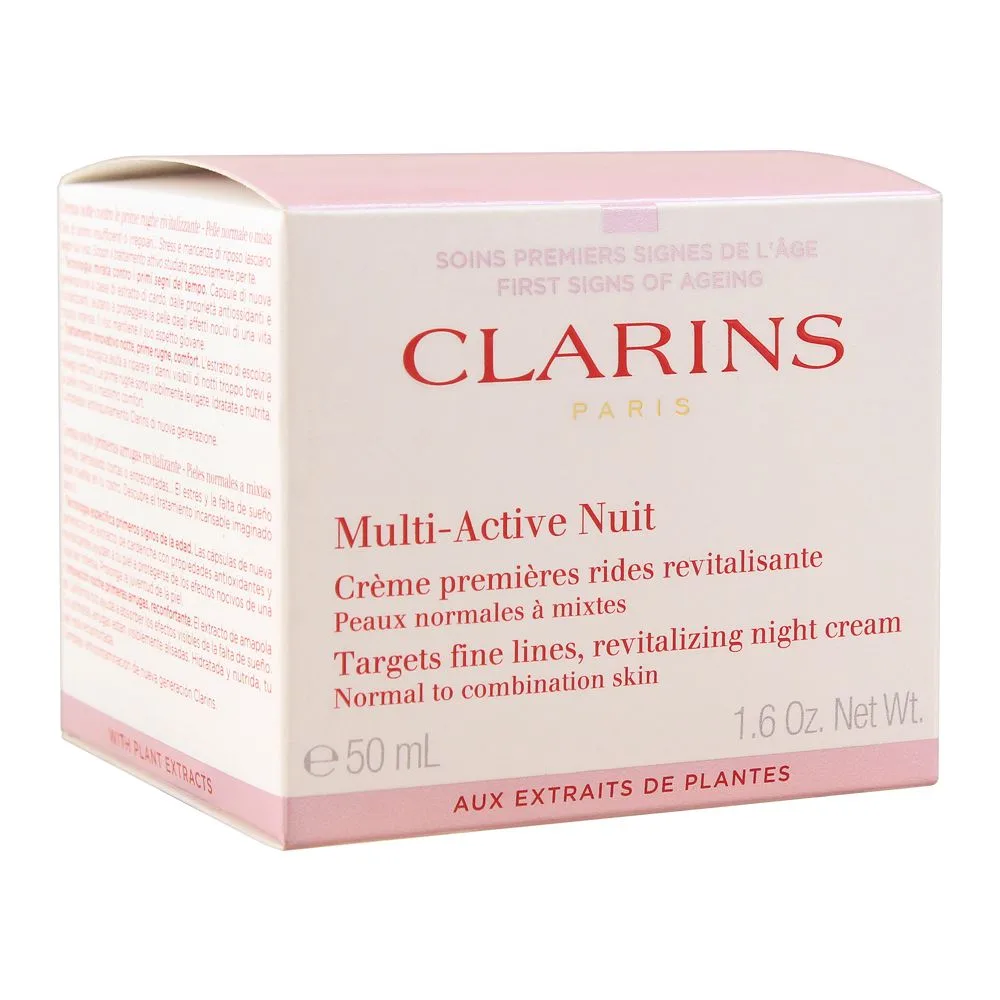 Side view of clarins paris multi-active nuit revitalizing night cream, normal to combination skin, 50ml