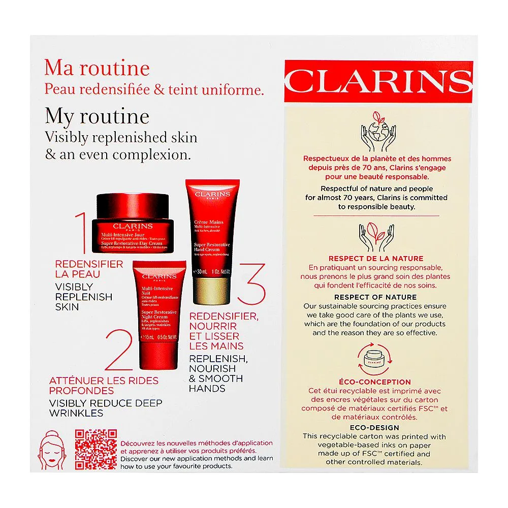 Side view of clarins paris multi intensive super restorative hand cream 30ml+face day cream 50ml & night cream 15ml, 3-pack