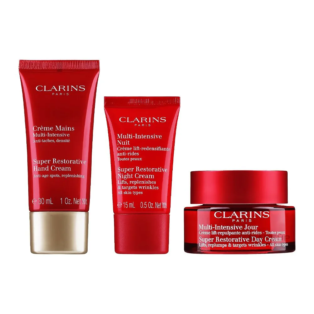 Comfortable casual clarins paris multi intensive super restorative hand cream 30ml+face day cream 50ml & night cream 15ml, 3-pack