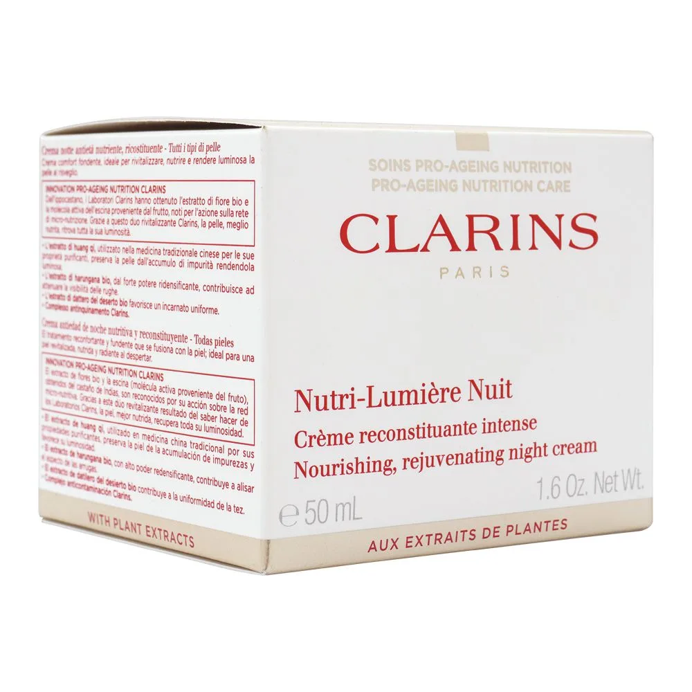Side view of clarins paris nutri-lumiere nuit nourishing, rejuvenating night cream, 50ml