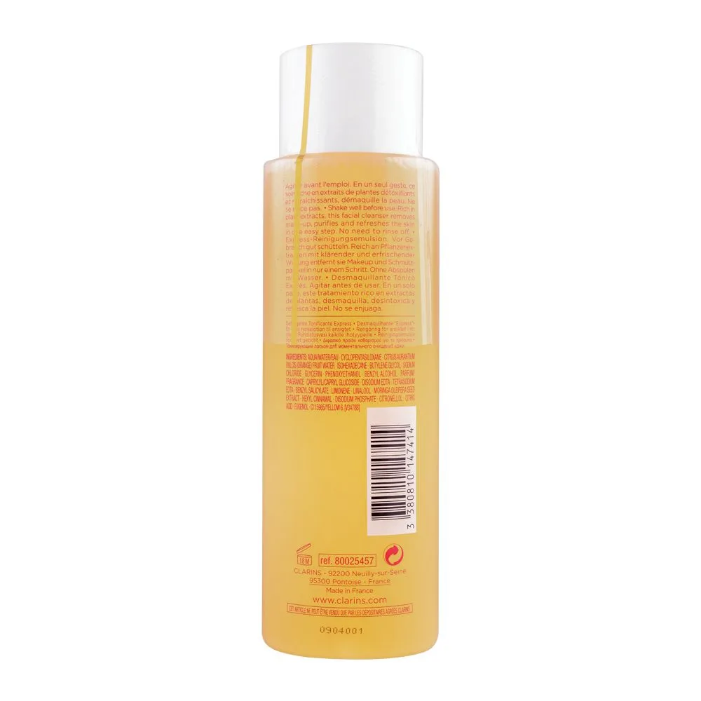 Side view of clarins paris one-step facial cleanser, with orange extract, all skin types, 200ml