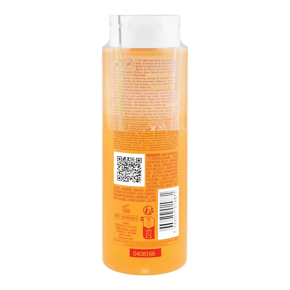 Side view of clarins paris one-step facial cleanser with orange & moringa extract, for all skin types, 200ml