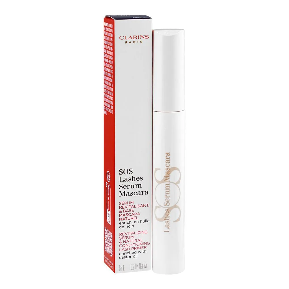 Side view of clarins paris sos lashes serym mascara, castor oil, caramel, 8ml