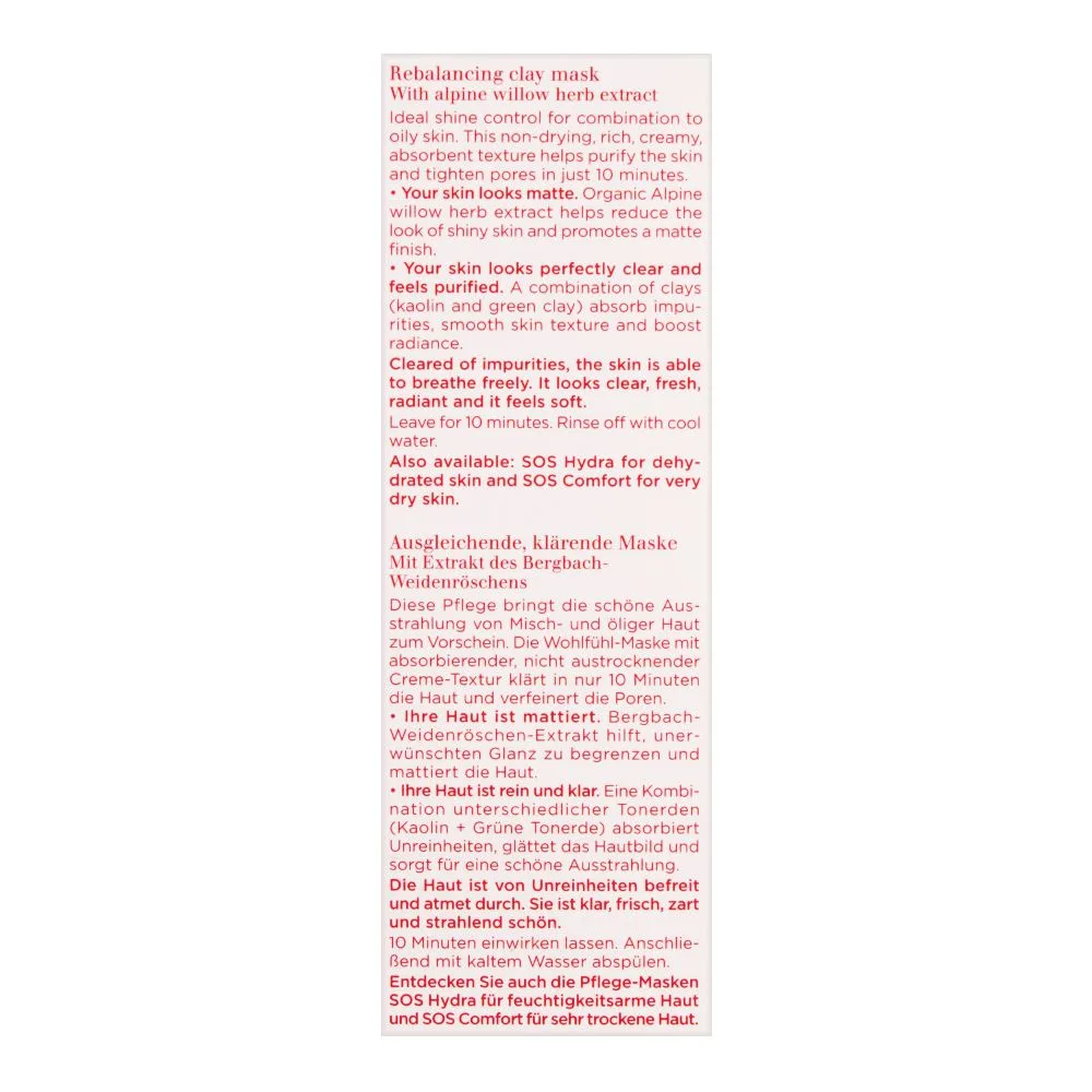 Close-up design of clarins paris sos pure rebalancing clay face mask, with alpine willow herb extract, 75ml