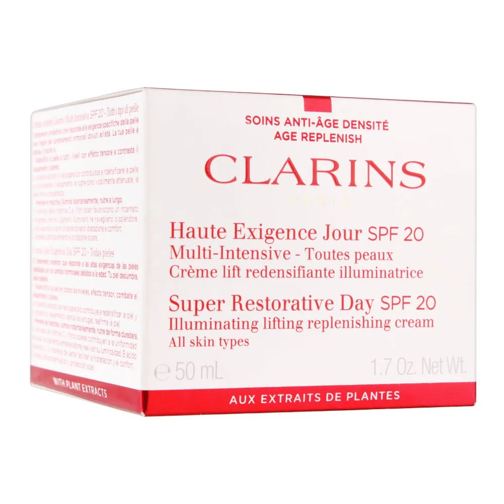 Side view of clarins paris super restorative day cream, spf 20, all skin types, 50ml