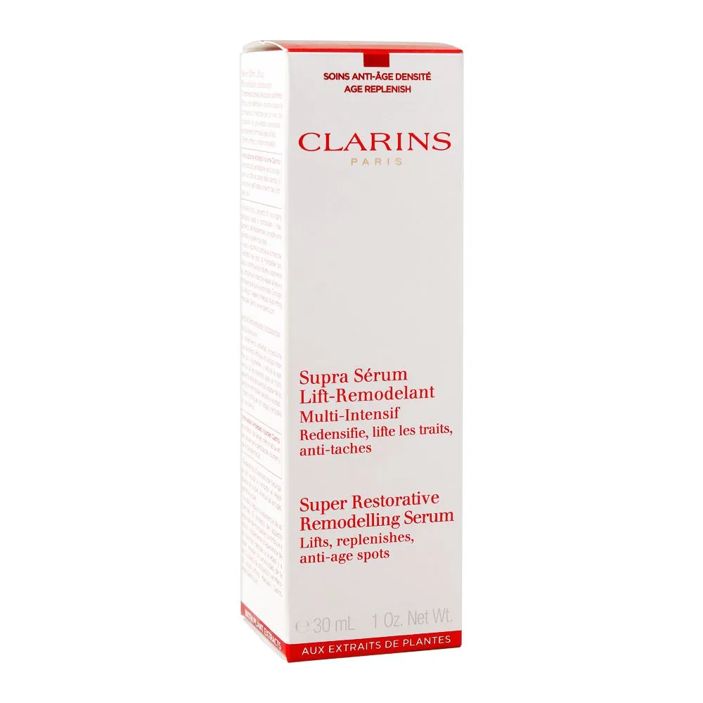 Side view of clarins paris super restorative remodelling serum, 30ml