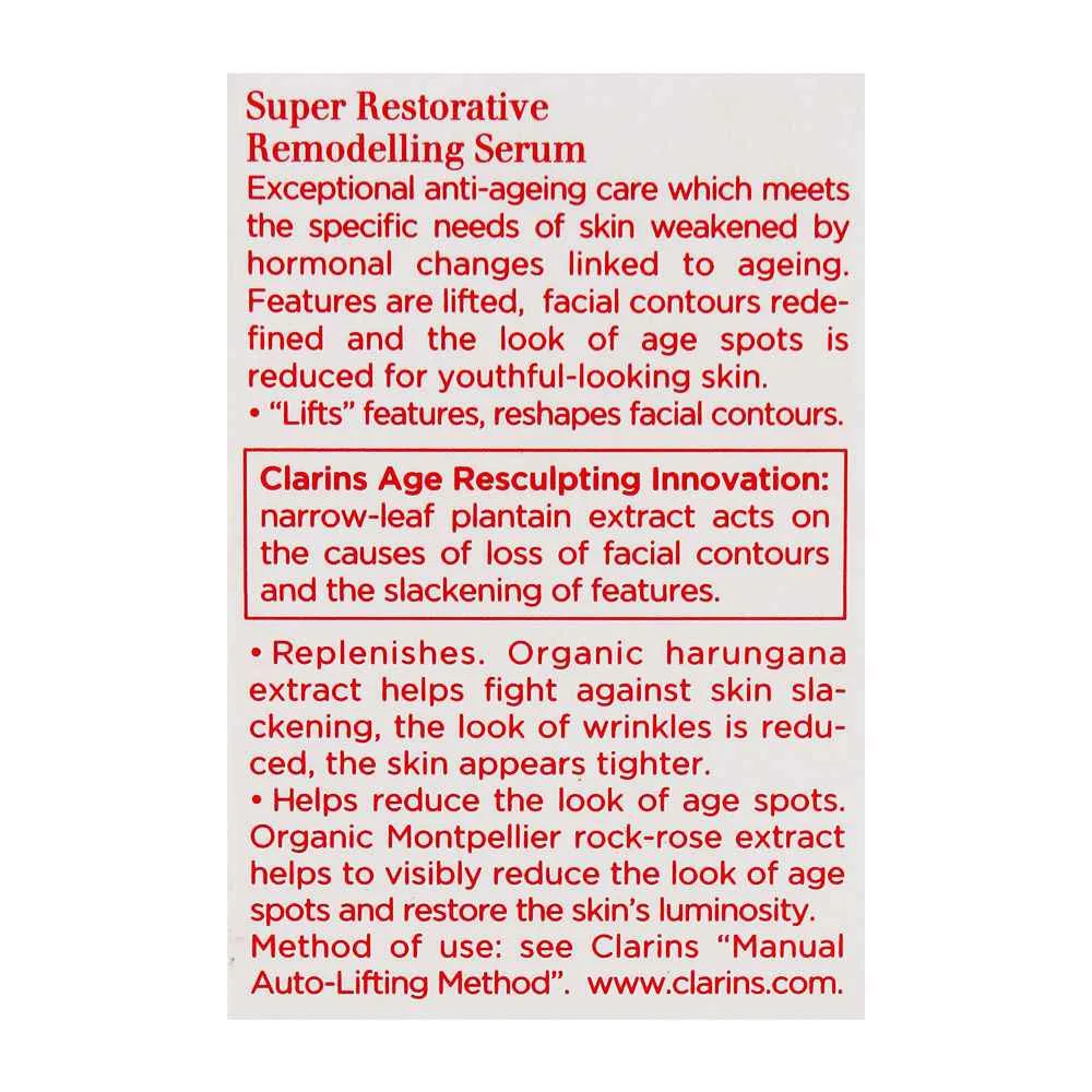 Close-up design of clarins paris super restorative remodelling serum, 30ml