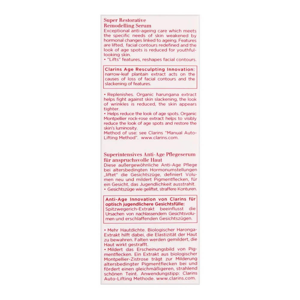 Close-up design of clarins paris super restorative remodelling serum, 50ml