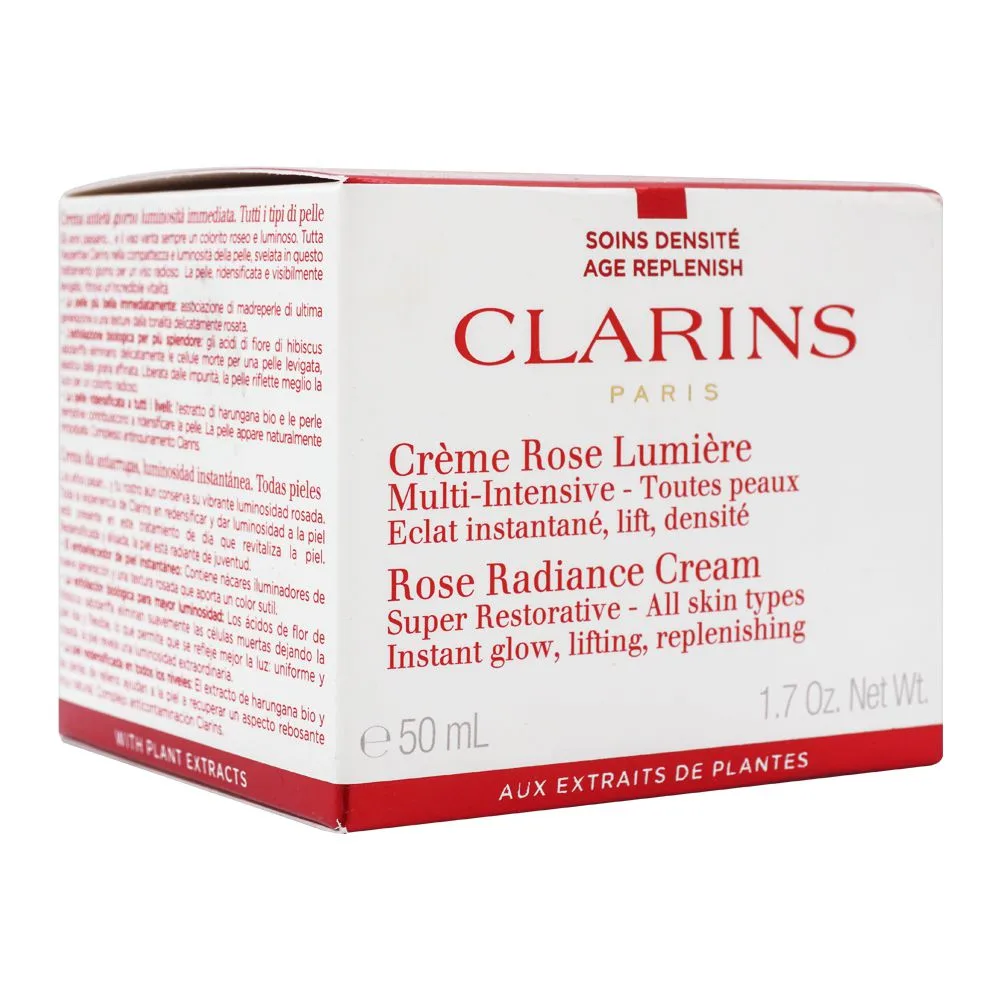 Side view of clarins paris super restorative rose radiance cream, all skin types, 50ml