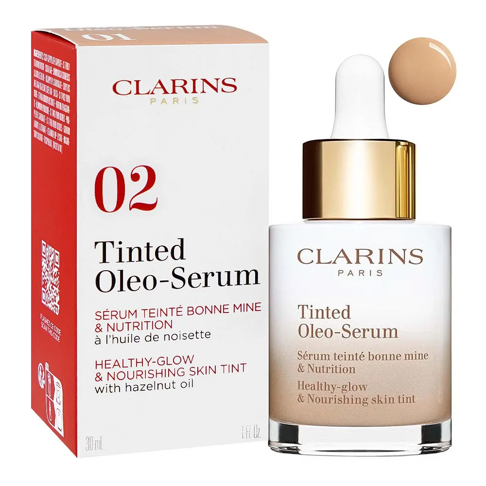 Clarins Paris Tinted Healthy Glow & Nourishing Skin Tint Oleo-Serum, Hazelnut Oil, For All Types Of Skin, 02, 30ml