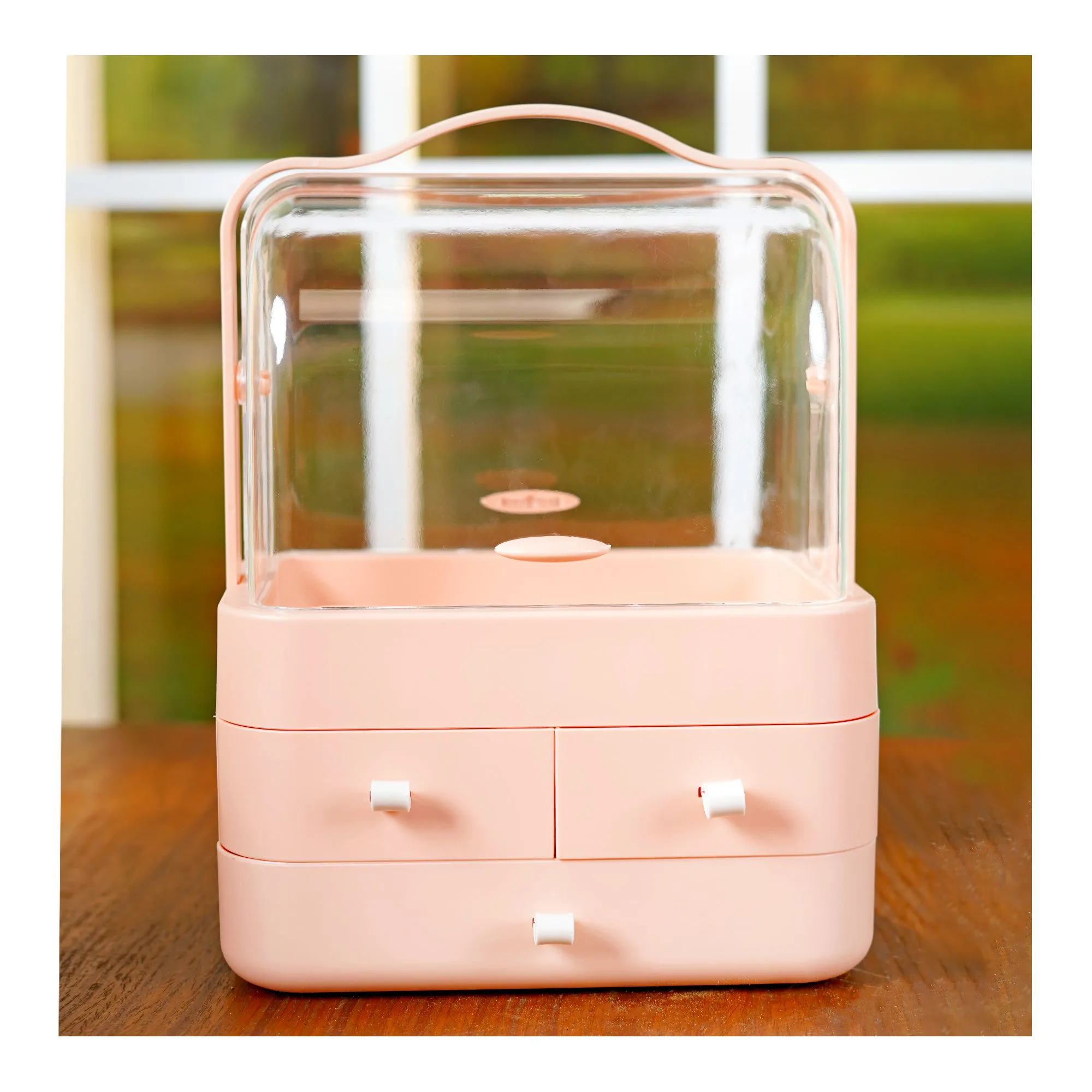 Side view of classy 3-drawer cosmetic organizer, makeup storage rack, peach, ld-288