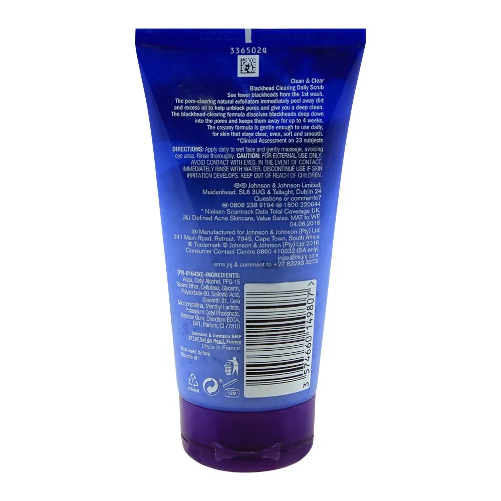 Side view of clean & clear blackhead clearing daily face scrub, oil free, 150ml