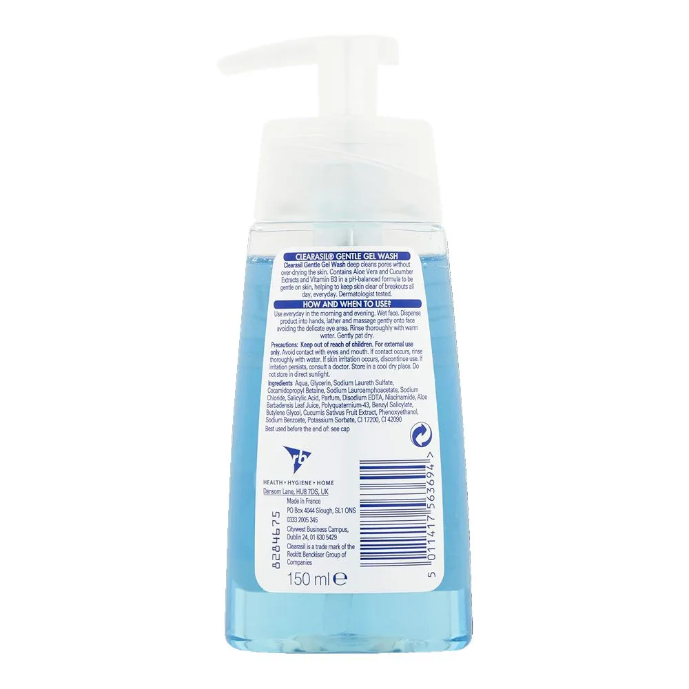 Side view of clearasil gentle gel wash, for face, gentle cleansing without over drying, 150ml
