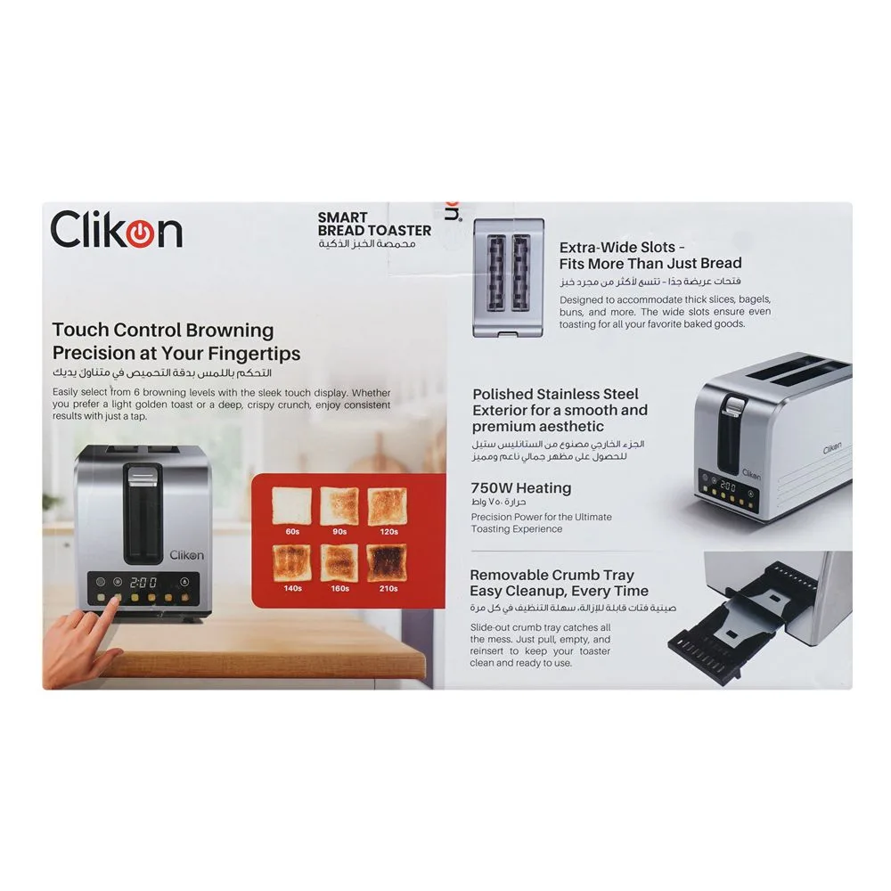 Close-up design of clickon 2 slice smary bread toaster, 750w, 220-240v, ck-2460