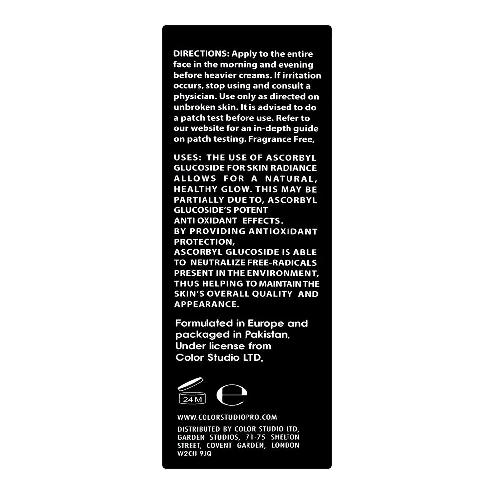 Side view of color studio ascorbyl glucoside solution 5% brightening serum, vitamin c, 30ml
