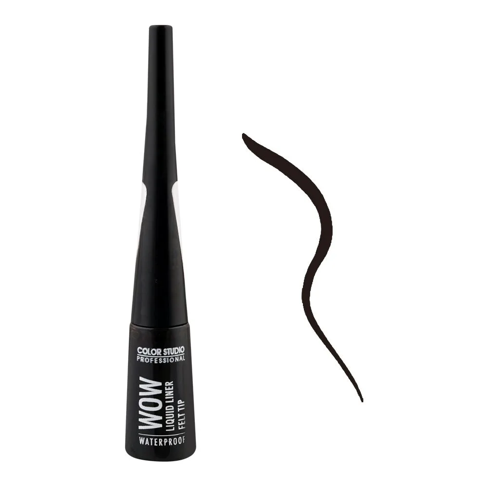 Side view of color studio wow liquid eyeliner felt tip, waterproof, brown, 4.5ml