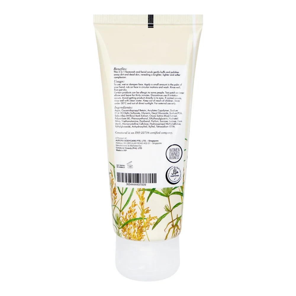 Side view of conatural 2in1 rice face wash & facial scrub, silicon, sulphate & paraben free, 100ml