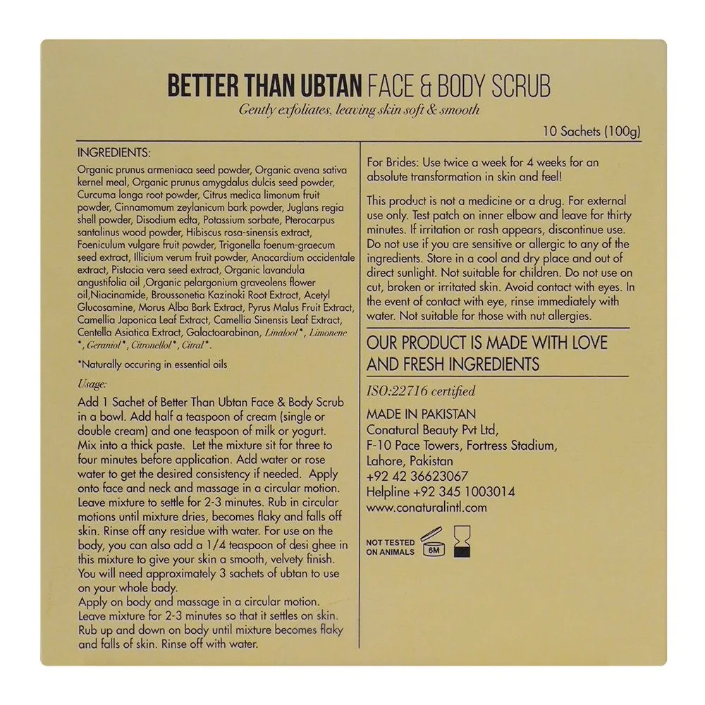 Side view of conatural better than ubtan face & body scrub, 10 sachets, all skin types, 100g