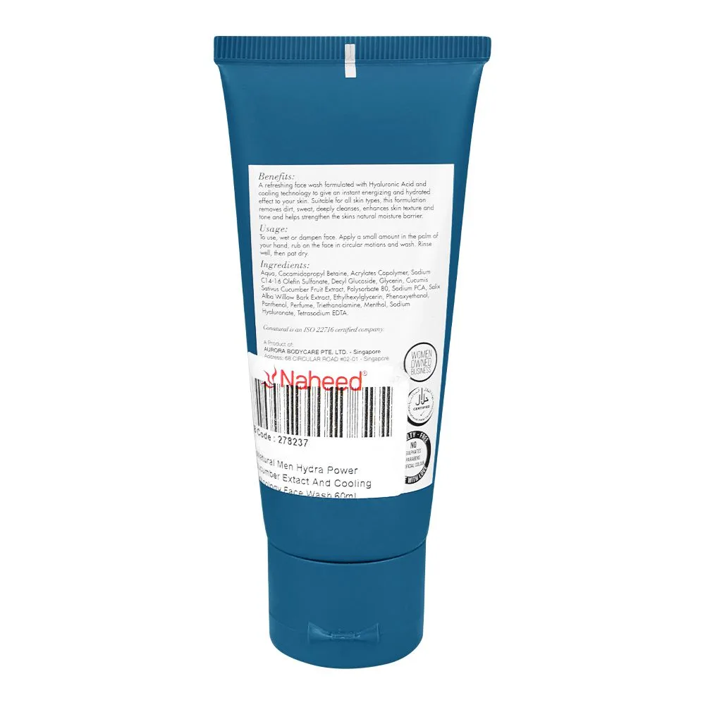 Side view of conatural men's cucumber hydra power face wash, sulphate & paraben free, 60ml