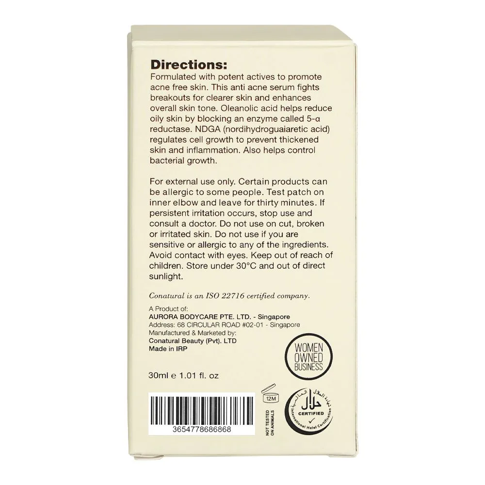 Side view of conatural super activs anti-acne skin serum, 30ml