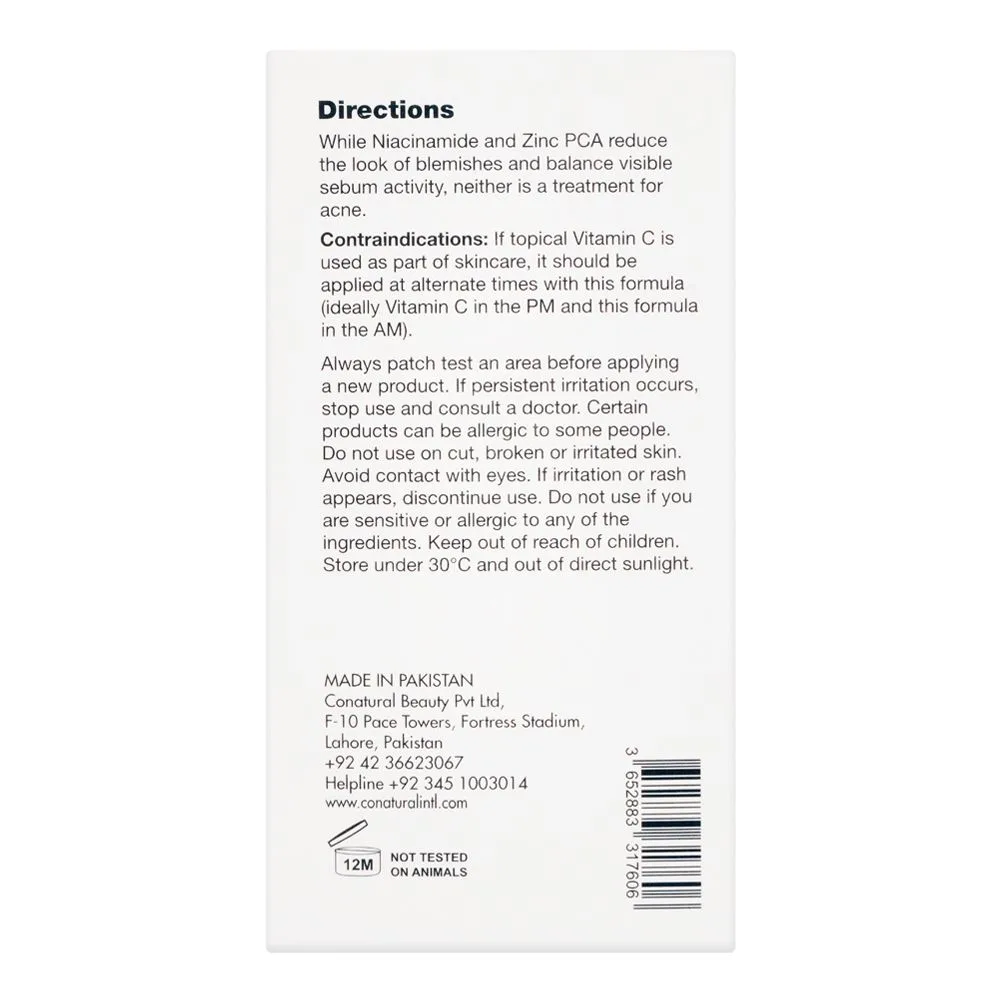 Side view of conatural super activs niacinamide 10% & zinc 1% skin serum, for all skin types, 30ml